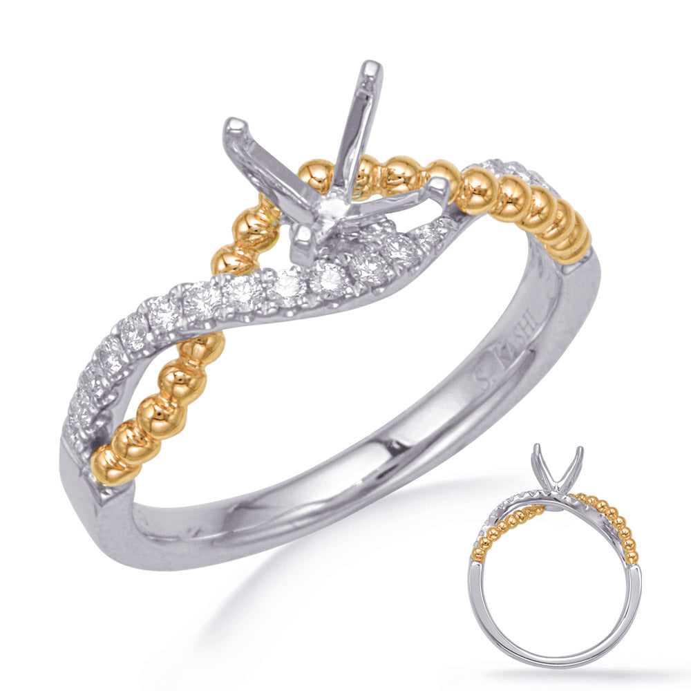 This Engagement Ring  is available in 14K Yellow & White Gold. There are a total of 18 stones. There are Rounds with a total carat weight of 0.17 set in a Micro Prong setting.