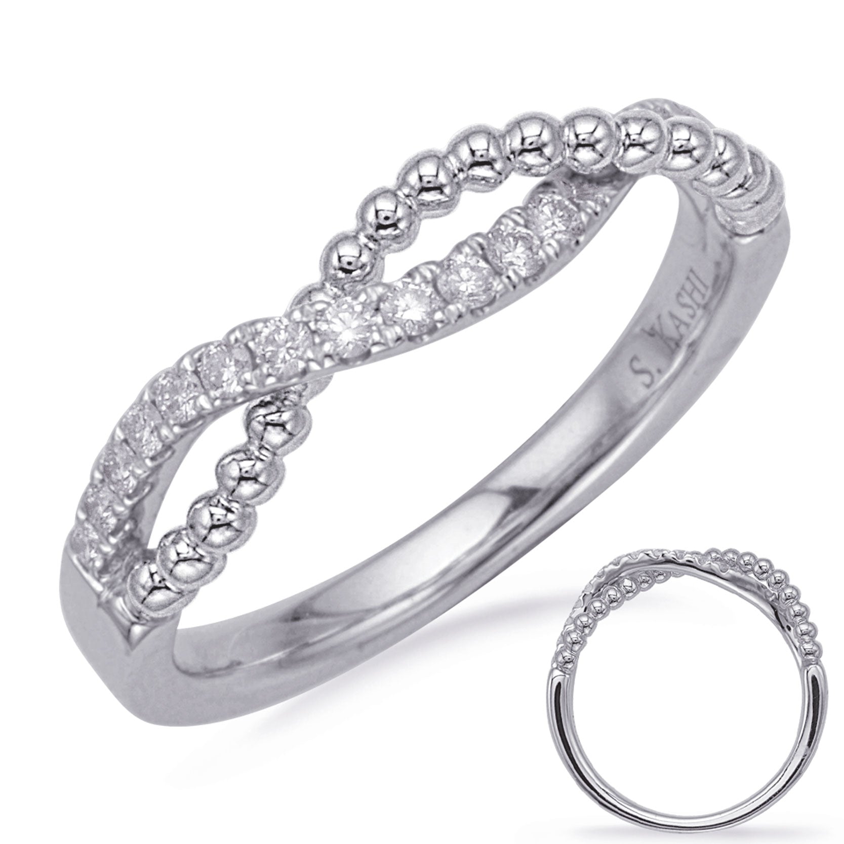 This Fashion Ring is available in 14K White Gold. There are a total of 17 stones. There are Rounds with a total carat weight of 0.18 set in a Micro Prong setting.