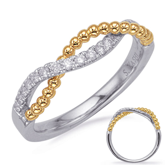 This Band is available in 14K Yellow & White Gold. There are a total of 17 stones. There are Round with a total carat weight of 0.18 set in a Micro Prong setting.