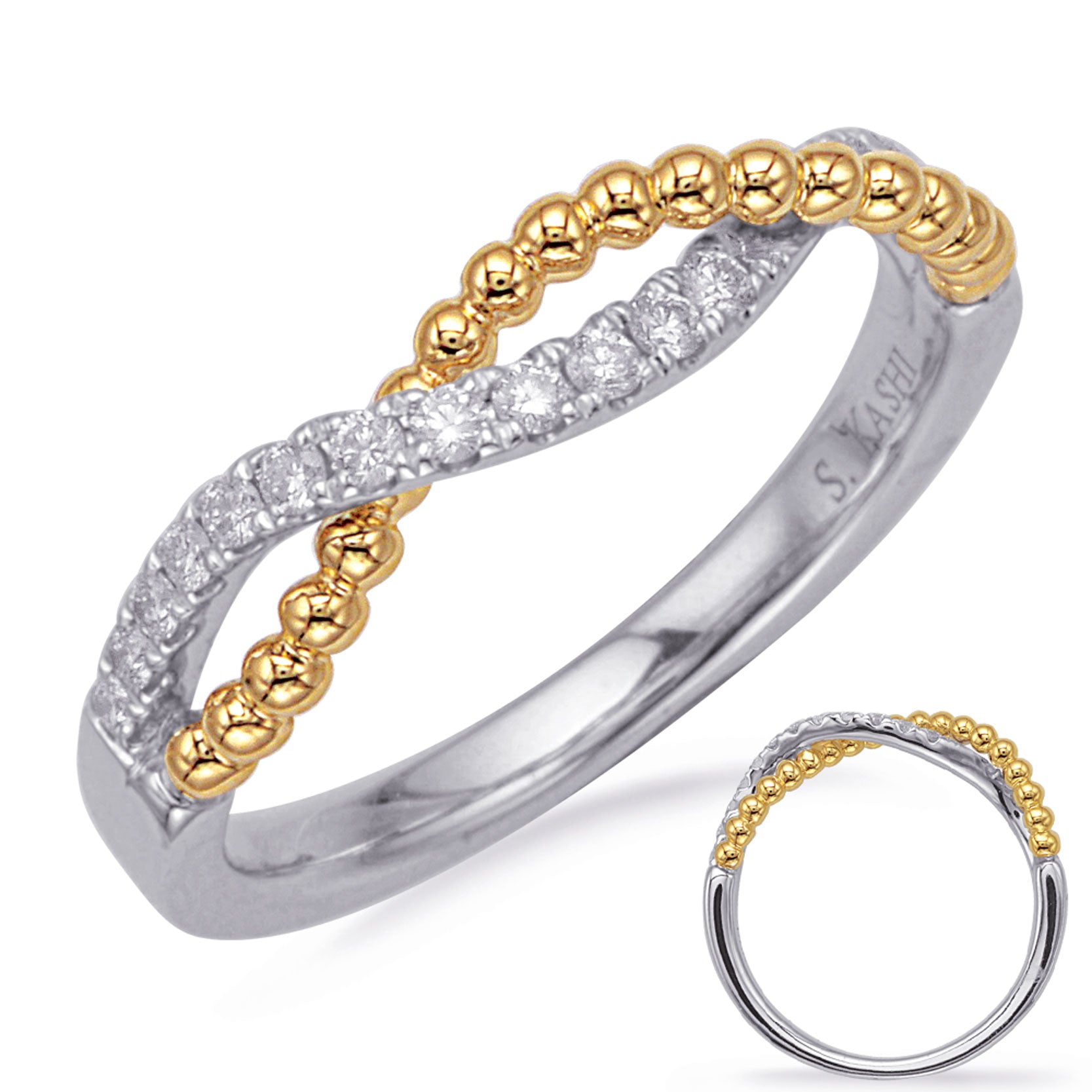 This Band is available in 14K Yellow & White Gold. There are a total of 17 stones. There are Round with a total carat weight of 0.18 set in a Micro Prong setting.