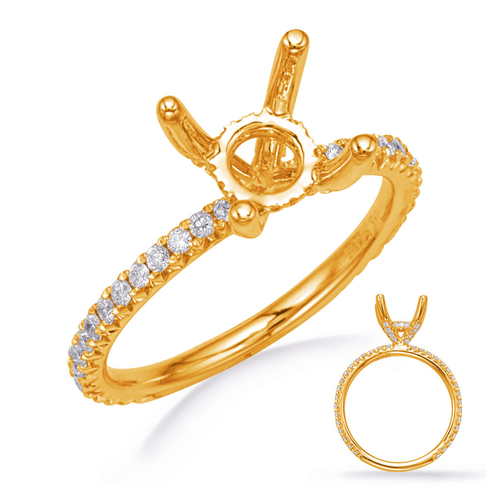 This Engagement Ring  is available in 14K Yellow Gold. There are a total of 60 stones. There are Rounds with a total carat weight of 0.41 set in a Micro Prong setting.