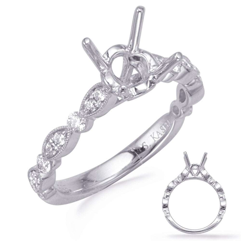 This Engagement Ring  is available in 14K White Gold. There are a total of 18 stones. There are Rounds with a total carat weight of 0.35 set in a Micro Prong|Prong Set setting.
