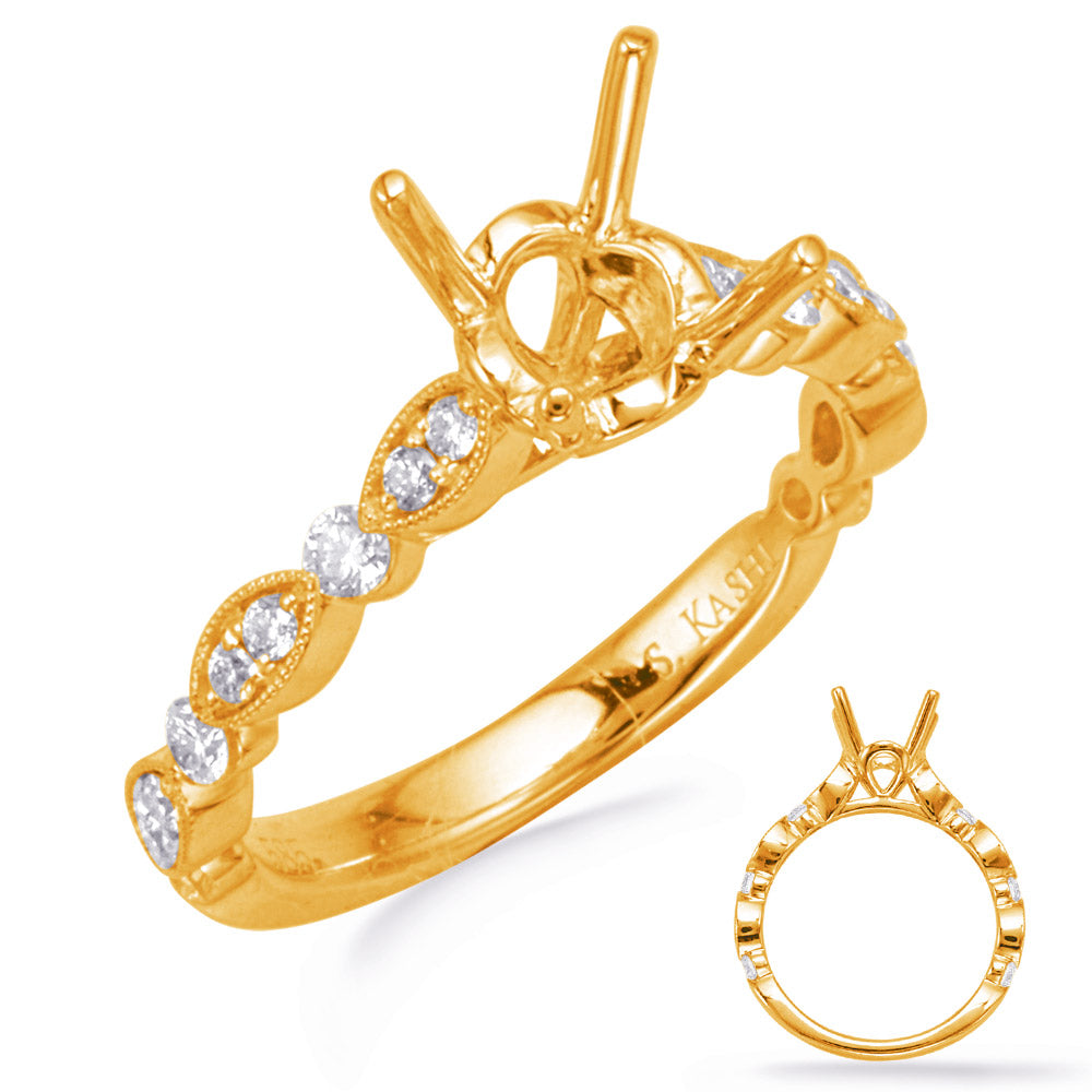 This Engagement Ring  is available in 14K Yellow Gold. There are a total of 18 stones. There are Rounds with a total carat weight of 0.35 set in a Micro Prong|Prong Set setting.