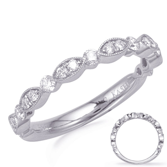 This Band is available in 14K White Gold. There are a total of 19 stones. There are Round with a total carat weight of 0.31 set in a Micro Prong setting.