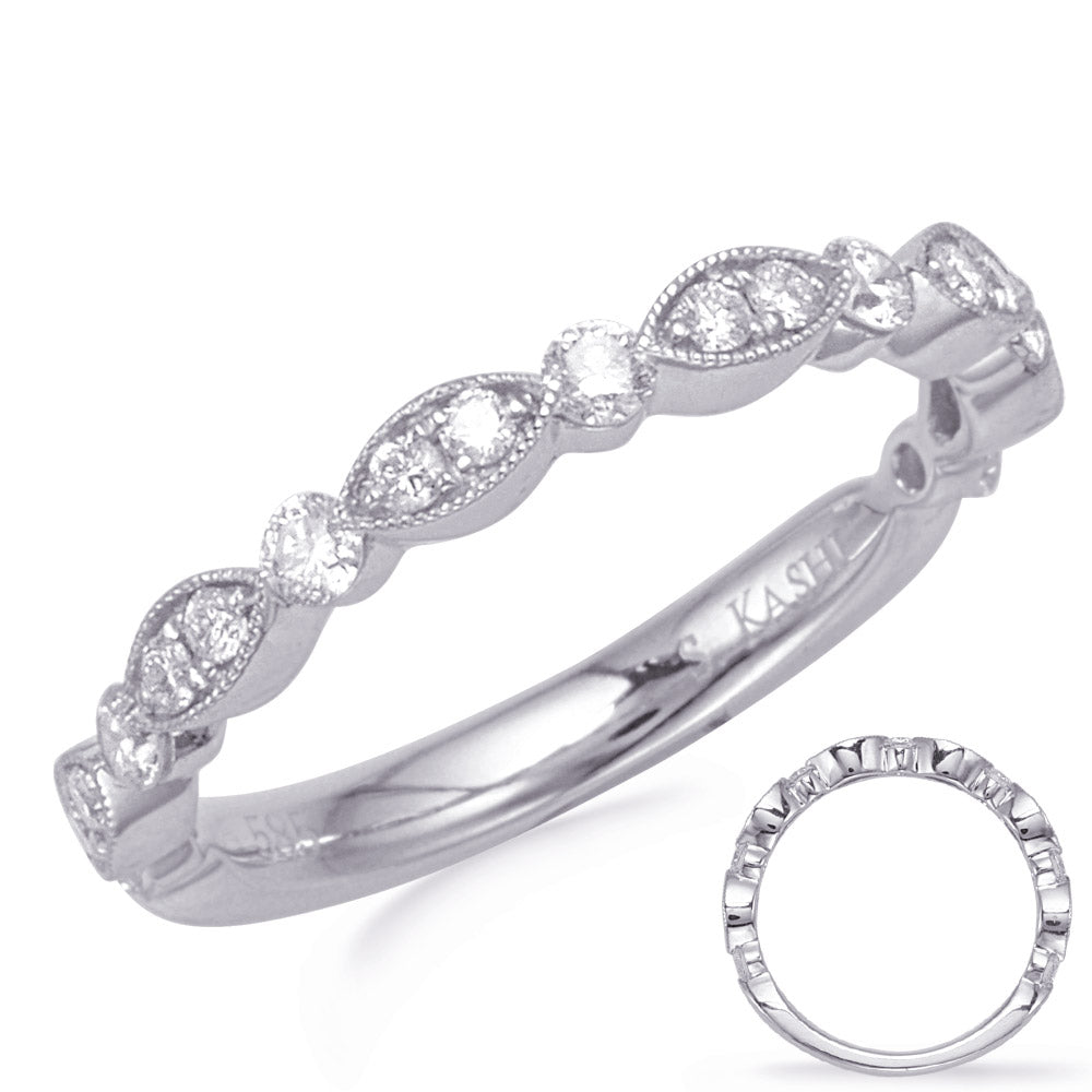 This Band is available in 14K White Gold. There are a total of 19 stones. There are Round with a total carat weight of 0.31 set in a Micro Prong setting.