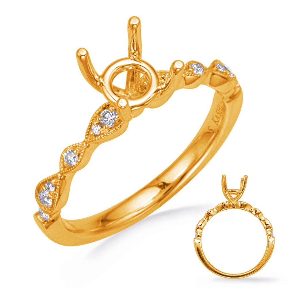 This Engagement Ring  is available in 14K Yellow Gold. There are a total of 12 stones. There are Rounds with a total carat weight of 0.14 set in a Channel Set|Micro Pave|Prong Set setting.