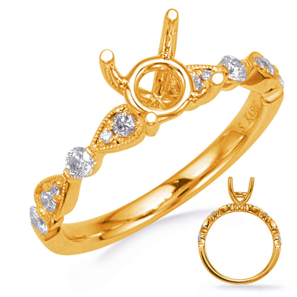 This Engagement Ring  is available in 14K Yellow Gold. There are a total of 12 stones. There are Rounds with a total carat weight of 0.25 set in a Channel Set|Micro Pave setting.
