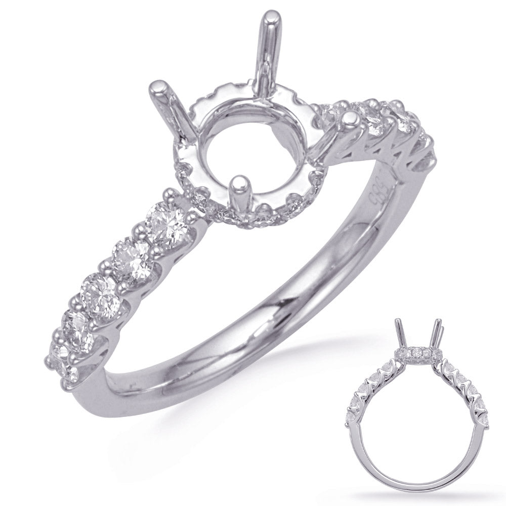 This Engagement Ring  is available in 14K White Gold. There are a total of 26 stones. There are Rounds with a total carat weight of 0.7 set in a Micro Prong|Prong Set|Shared Prongs setting.