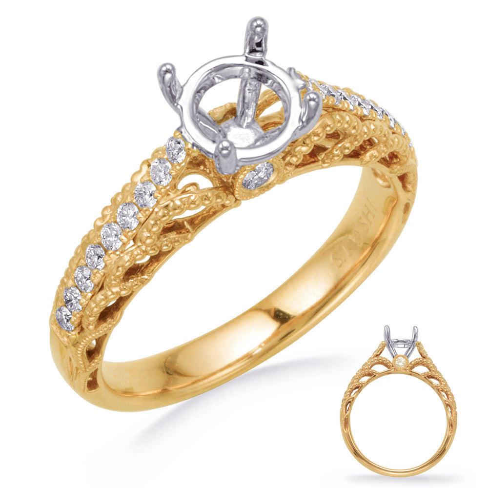 This Engagement Ring  is available in 14K Yellow & White Gold. There are a total of 20 stones. There are Rounds with a total carat weight of 0.25 set in a Bezel Set|Micro Prong setting.