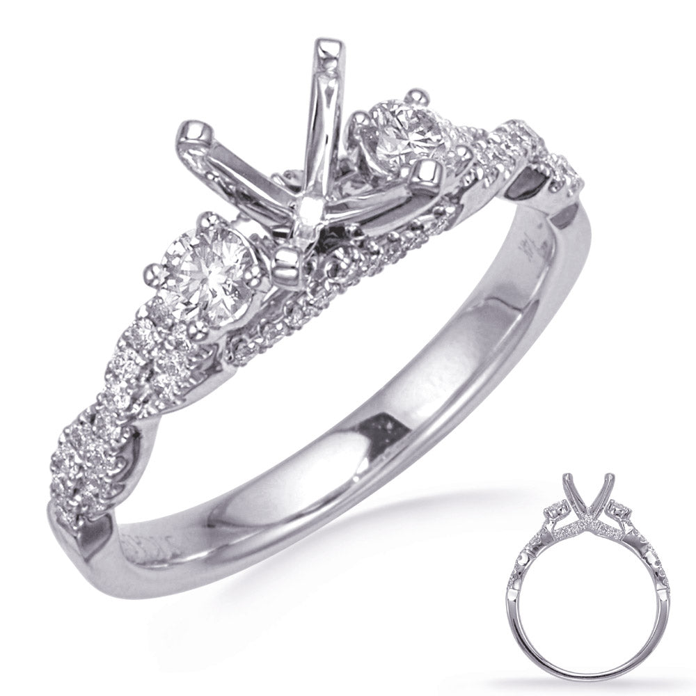 This Engagement Ring  is available in 14K White Gold. There are a total of 50 stones. There are Rounds with a total carat weight of 0.46 set in a Micro Prong|Prong Set setting.