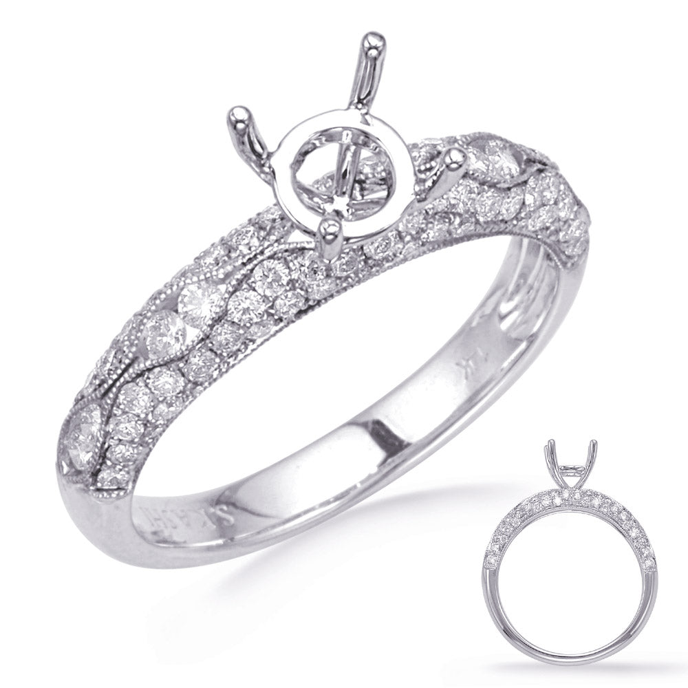 This Engagement Ring  is available in 14K White Gold. There are a total of 76 stones. There are Rounds with a total carat weight of 0.63 set in a Micro Prong setting.