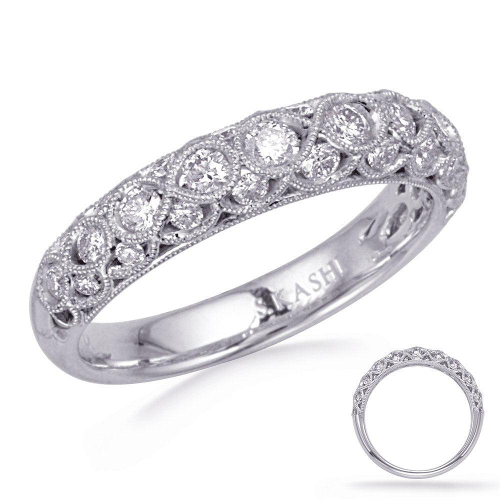 This Band is available in 14K White Gold. There are a total of 28 stones. There are Round with a total carat weight of 0.54 set in a Channel Set setting.