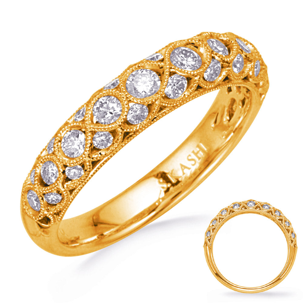 This Band is available in 14K Yellow Gold. There are a total of 28 stones. There are Round with a total carat weight of 0.54 set in a Channel Set setting.