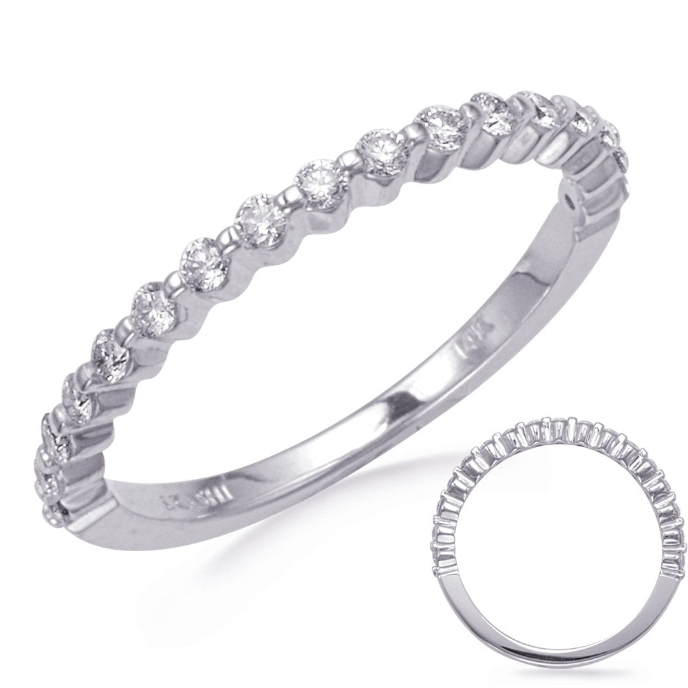 This Band is available in 14K White Gold. There are a total of 17 stones. There are Round with a total carat weight of 0.31 set in a Prong Set|Shared Prongs setting.