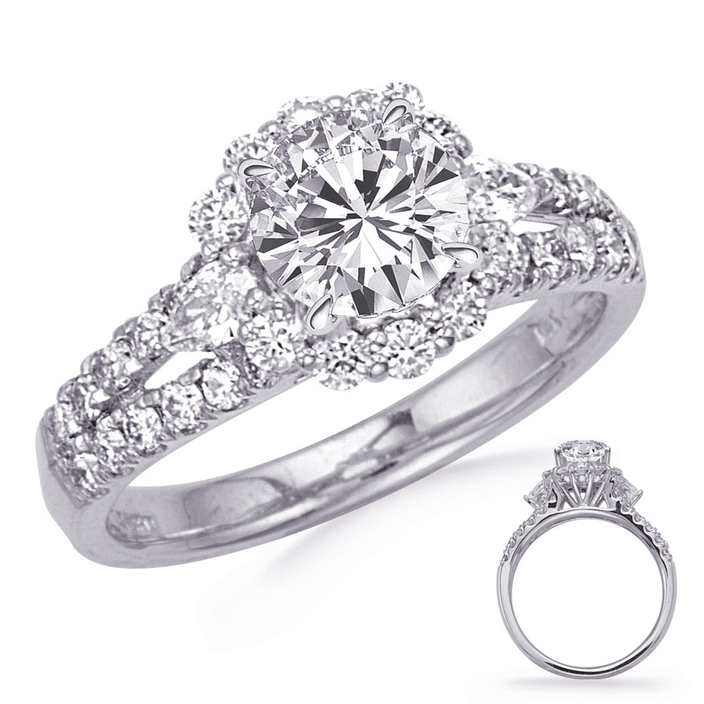 This Engagement Ring  is available in 14K White Gold. There are a total of 36 stones. There are Pear Shape with a total carat weight of 0.22 set in a Micro Pave|Prong Set setting.There are Rounds stones with a total carat weight of 0.63 set in a Micro Pave|Prong Set.