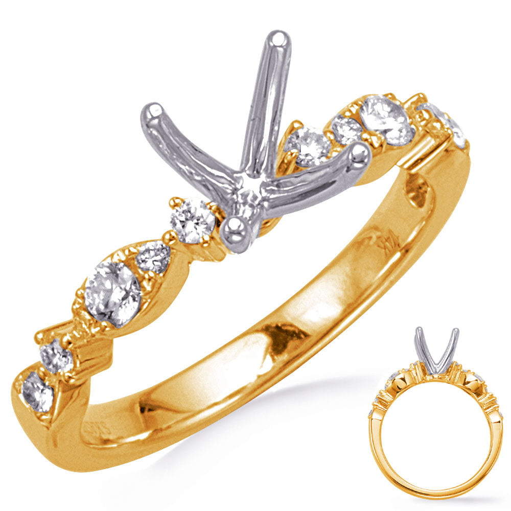 This Engagement Ring  is available in 14K Yellow & White Gold. There are a total of 12 stones. There are Rounds with a total carat weight of 0.28 set in a Micro Pave|Prong Set setting.