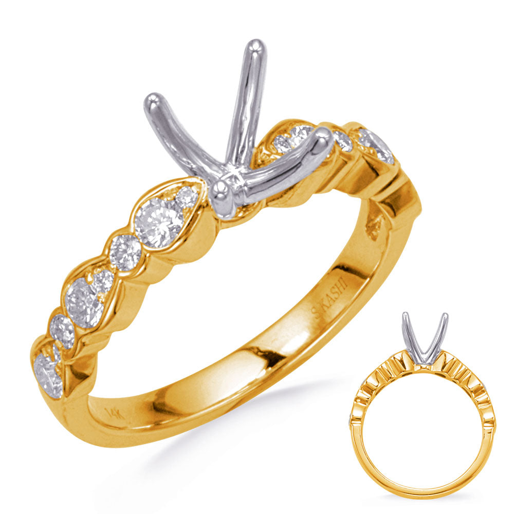 This Engagement Ring  is available in 14K Yellow & White Gold. There are a total of 16 stones. There are Rounds with a total carat weight of 0.47 set in a Bezel Set|Micro Pave setting.
