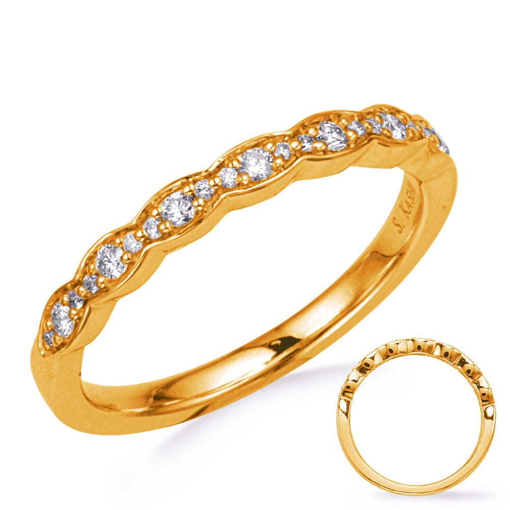 This Band is available in 14K Yellow Gold. There are a total of 21 stones. There are Round with a total carat weight of 0.16 set in a Prong Set setting.