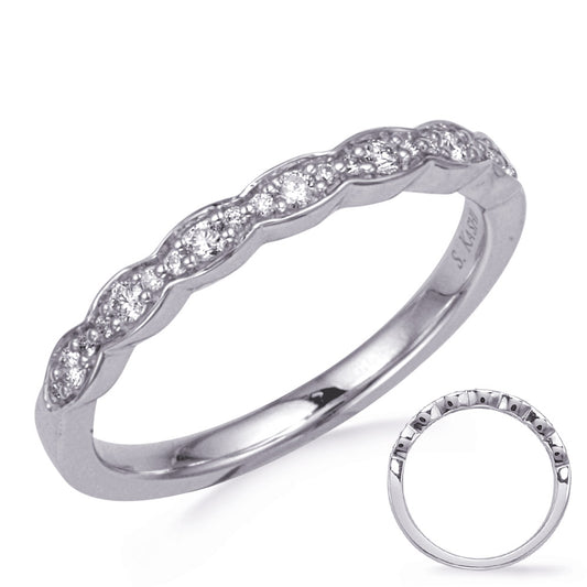 This Band is available in 14K White Gold. There are a total of 21 stones. There are Round with a total carat weight of 0.11 set in a Prong Set setting.