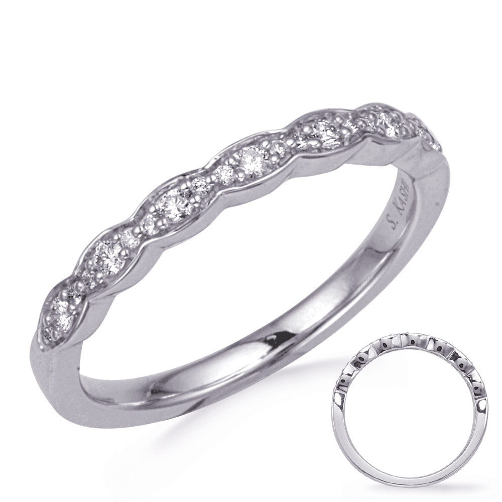 This Band is available in 14K White Gold. There are a total of 21 stones. There are Round with a total carat weight of 0.11 set in a Prong Set setting.