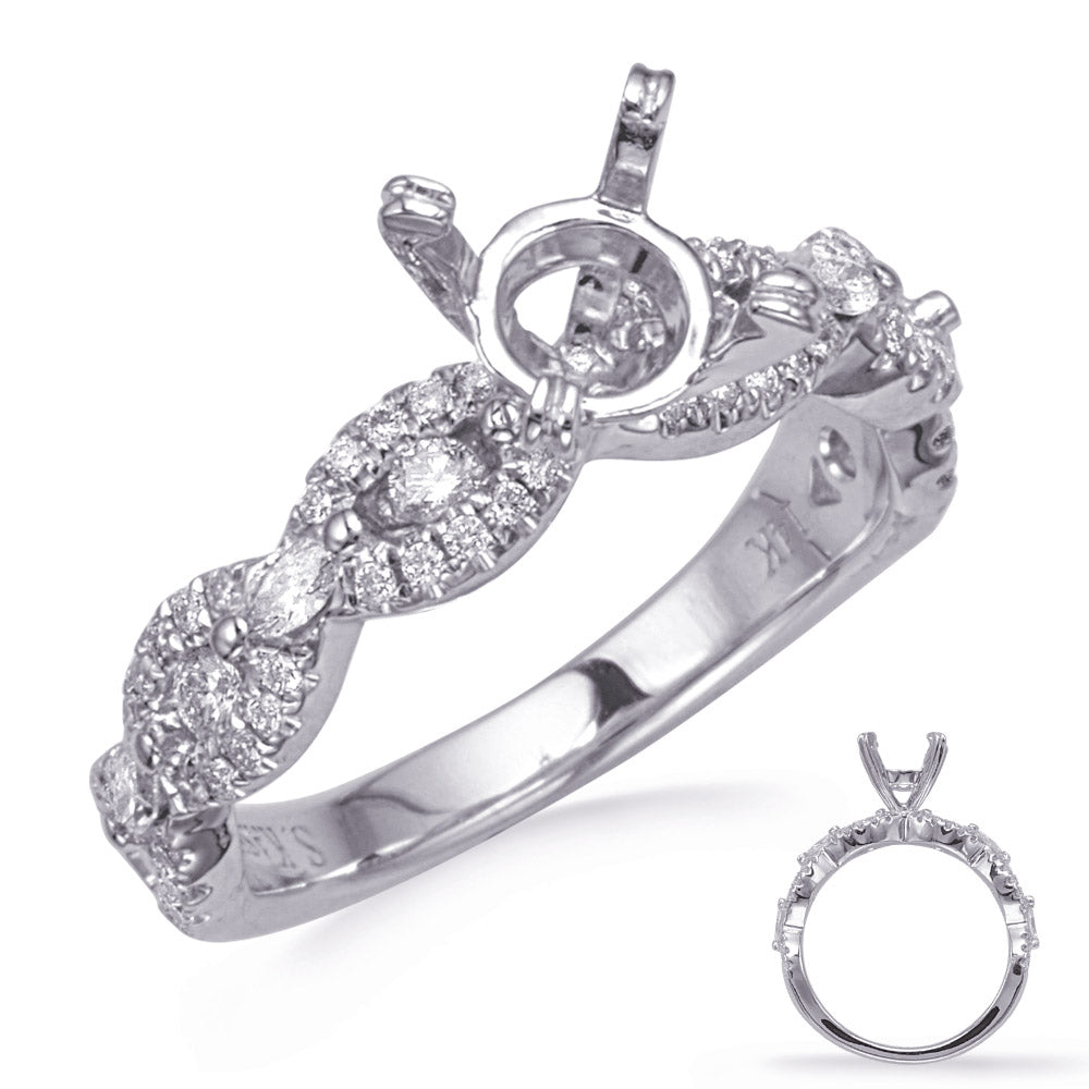 This Engagement Ring  is available in 14K White Gold. There are a total of 62 stones. There are Marquise with a total carat weight of 0.13 set in a Channel Set|Micro Pave setting.There are Rounds stones with a total carat weight of 0.38 set in a Channel Set|Micro Pave.