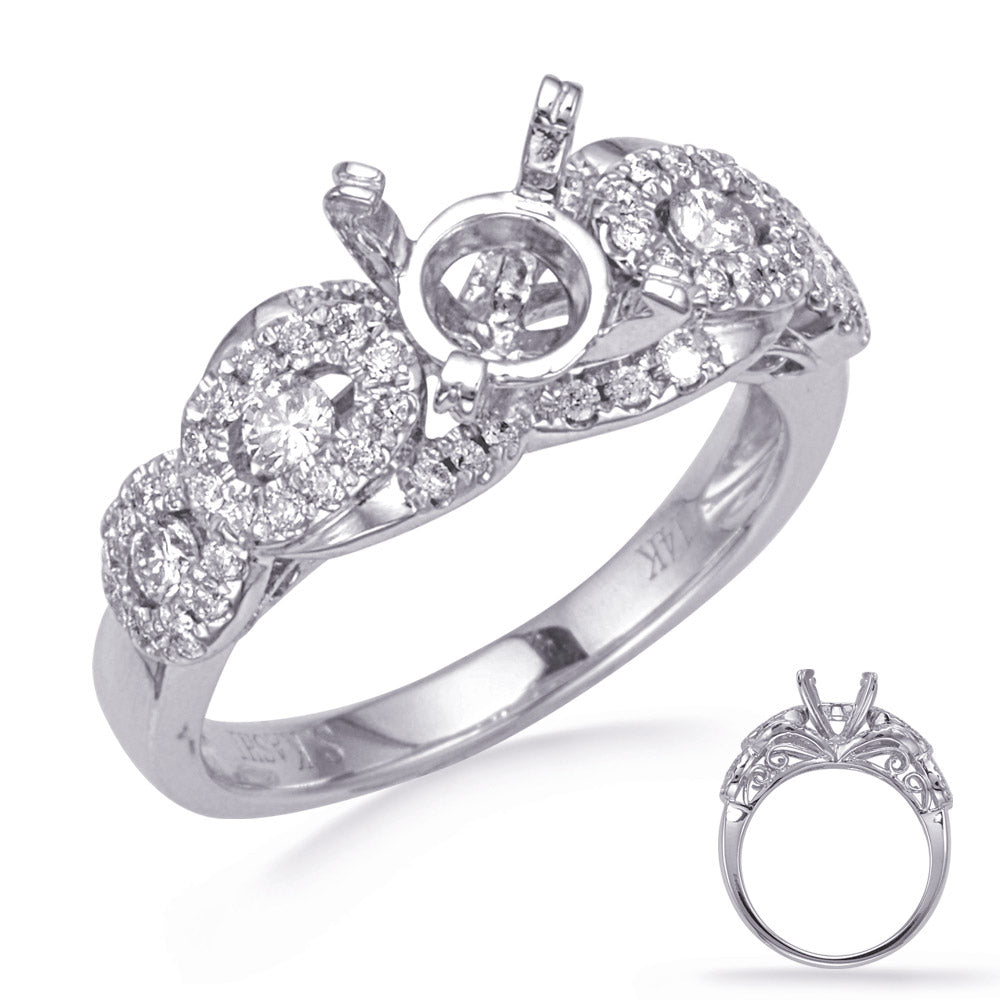 This Engagement Ring  is available in 14K White Gold. There are a total of 58 stones. There are Rounds with a total carat weight of 0.47 set in a Channel Set|Micro Pave setting.