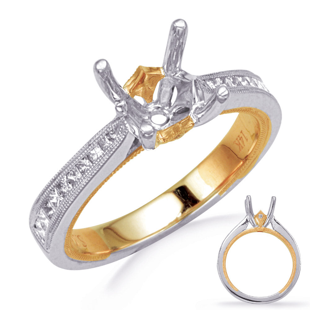 This Engagement Ring  is available in 14K Yellow & White Gold. There are a total of 22 stones. There are Princess with a total carat weight of 0.37 set in a Channel Set|Micro Pave setting.There are Rounds stones with a total carat weight of 0.01 set in a Channel Set|Micro Pave.