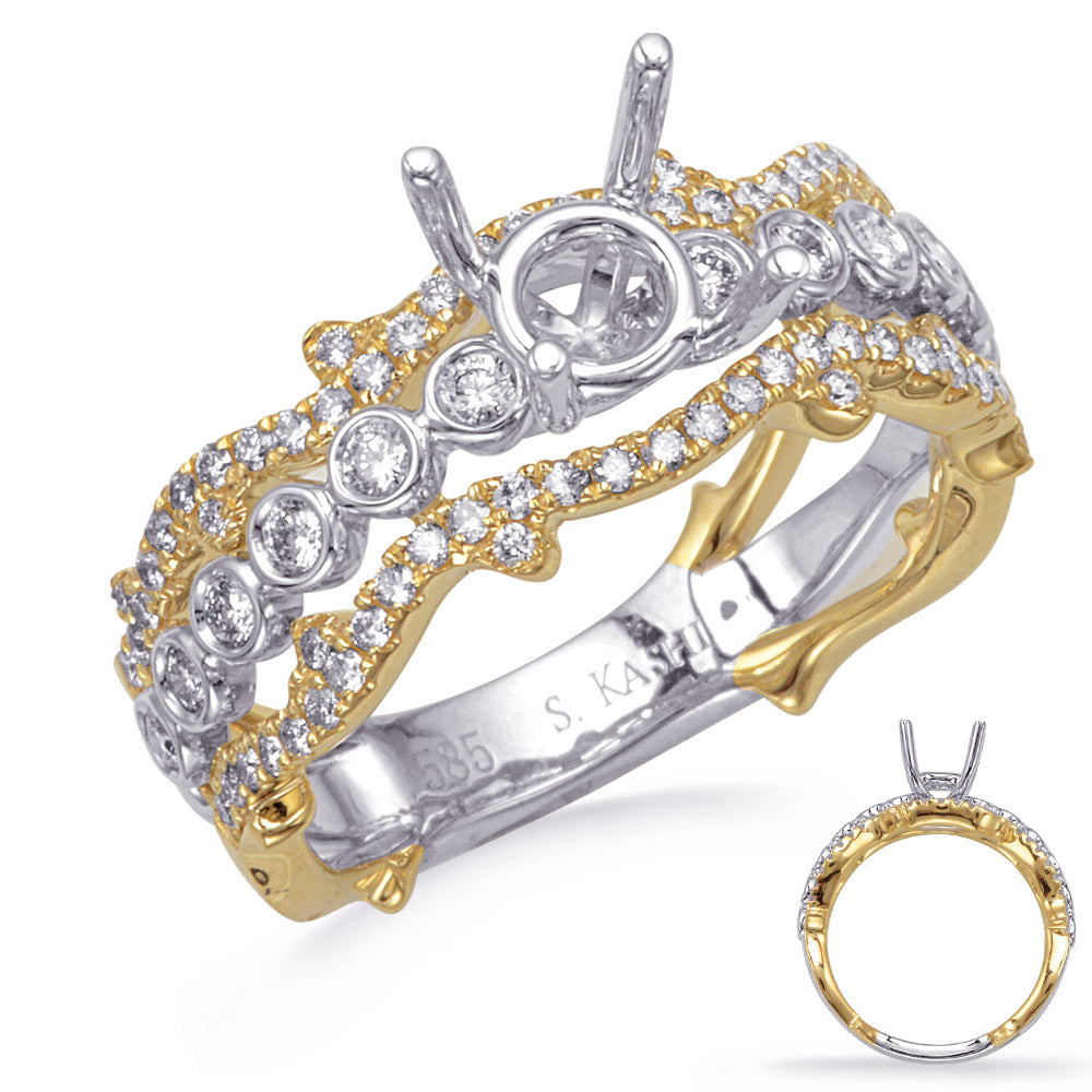 This Engagement Ring  is available in 14K Yellow & White Gold. There are a total of 80 stones. There are Rounds with a total carat weight of 0.52 set in a Bezel Set|Micro Pave setting.