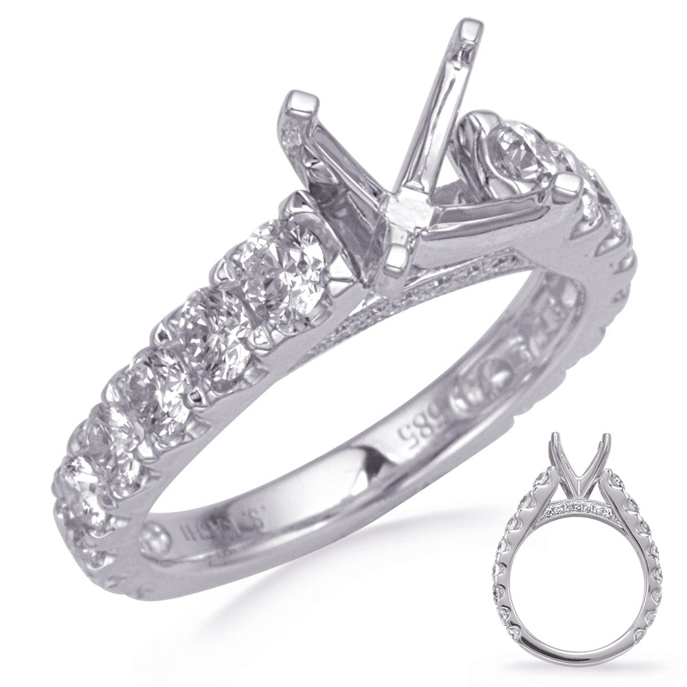 This Engagement Ring  is available in 14K White Gold. There are a total of 30 stones. There are Rounds with a total carat weight of 1.29 set in a Micro Prong|Prong Set setting.