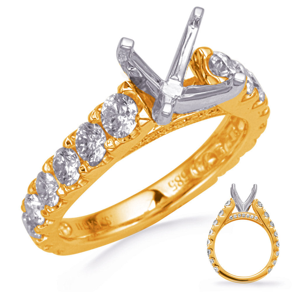 This Engagement Ring  is available in 14K Yellow & White Gold. There are a total of 30 stones. There are Rounds with a total carat weight of 1.76 set in a Micro Prong|Prong Set setting.