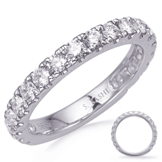 This Band is available in 14K White Gold. There are a total of 19 stones. There are Round with a total carat weight of 1.02 set in a Prong Set setting.