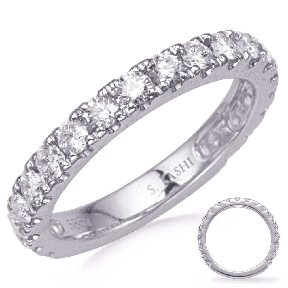 This Band is available in 14K White Gold. There are a total of 19 stones. There are Round with a total carat weight of 1.02 set in a Prong Set setting.