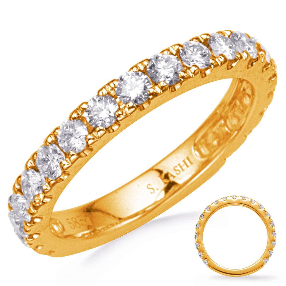 This Band is available in 14K Yellow Gold. There are a total of 19 stones. There are Round with a total carat weight of 1.02 set in a Prong Set setting.
