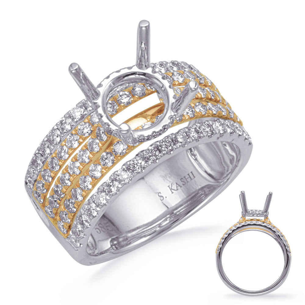 This Engagement Ring  is available in 14K Yellow & White Gold. There are a total of 106 stones. There are Rounds with a total carat weight of 1.23 set in a Micro Prong setting.