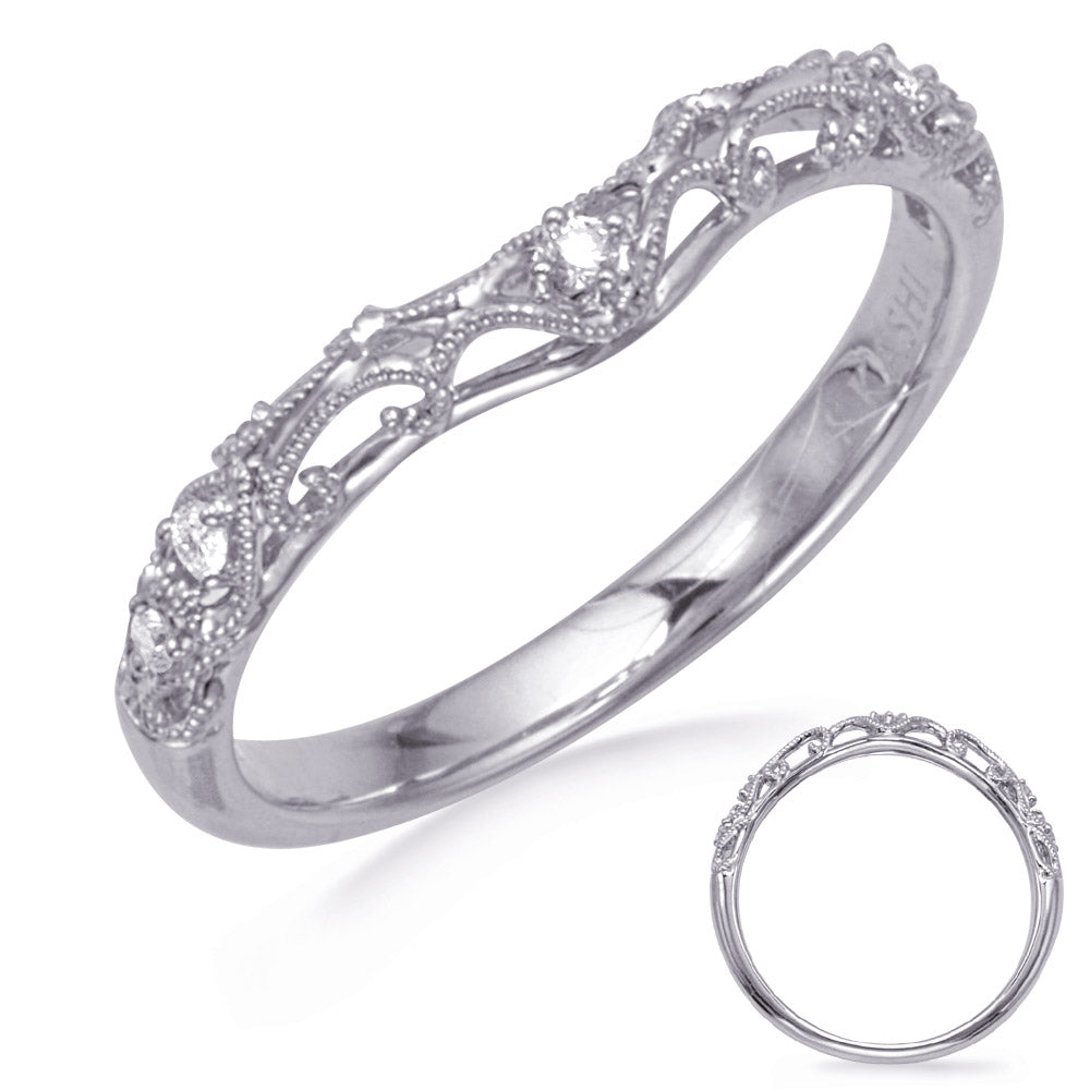 This Band is available in 14K White Gold. There are a total of 5 stones. There are Round with a total carat weight of 0.05 set in a Micro Prong setting.