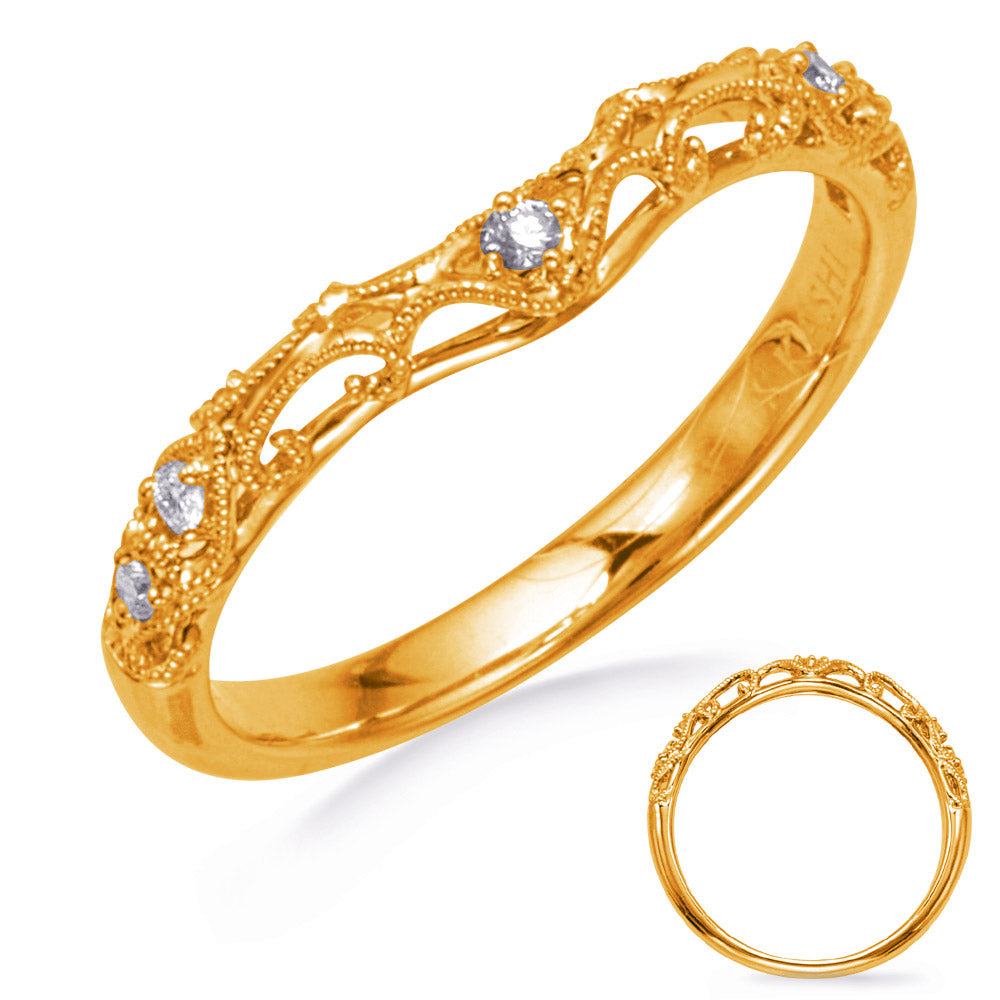This Band is available in 14K Yellow Gold. There are a total of 5 stones. There are Round with a total carat weight of 0.06 set in a Micro Prong setting.