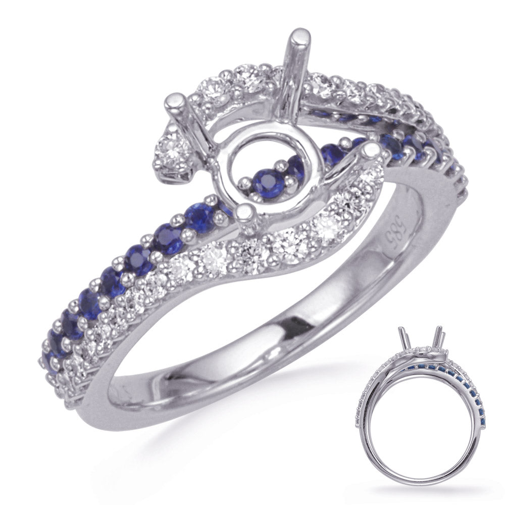 This Engagement Ring  is available in 14K White Gold. There are a total of 49 stones. There are Rounds with a total carat weight of 0.34 set in a Prong Set setting.There are Sapphire stones with a total carat weight of 0.35 set in a Prong Set.