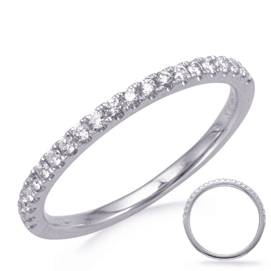 This Band is available in 14K White Gold. There are a total of 21 stones. There are Round with a total carat weight of 0.22 set in a Micro Prong setting.