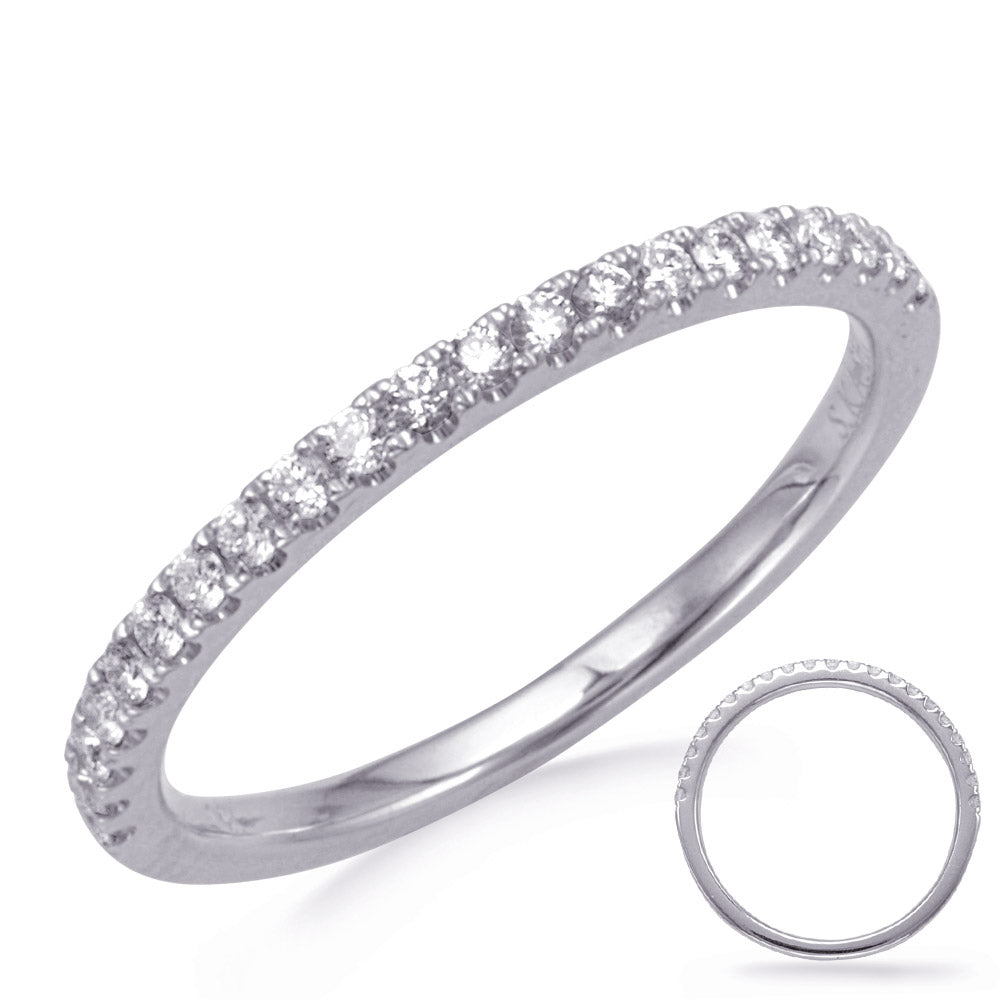 This Band is available in 14K White Gold. There are a total of 21 stones. There are Round with a total carat weight of 0.22 set in a Micro Prong setting.