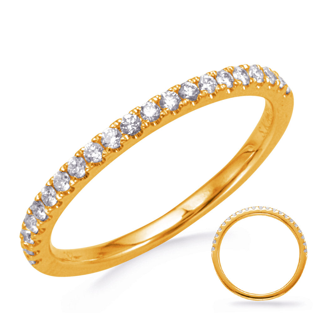 This Band is available in 14K Yellow Gold. There are a total of 21 stones. There are Round with a total carat weight of 0.22 set in a Micro Prong setting.