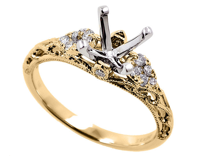 This Engagement Ring  is available in 14K Yellow & White Gold. There are a total of 16 stones. There are Rounds with a total carat weight of 0.16 set in a Micro Prong setting.