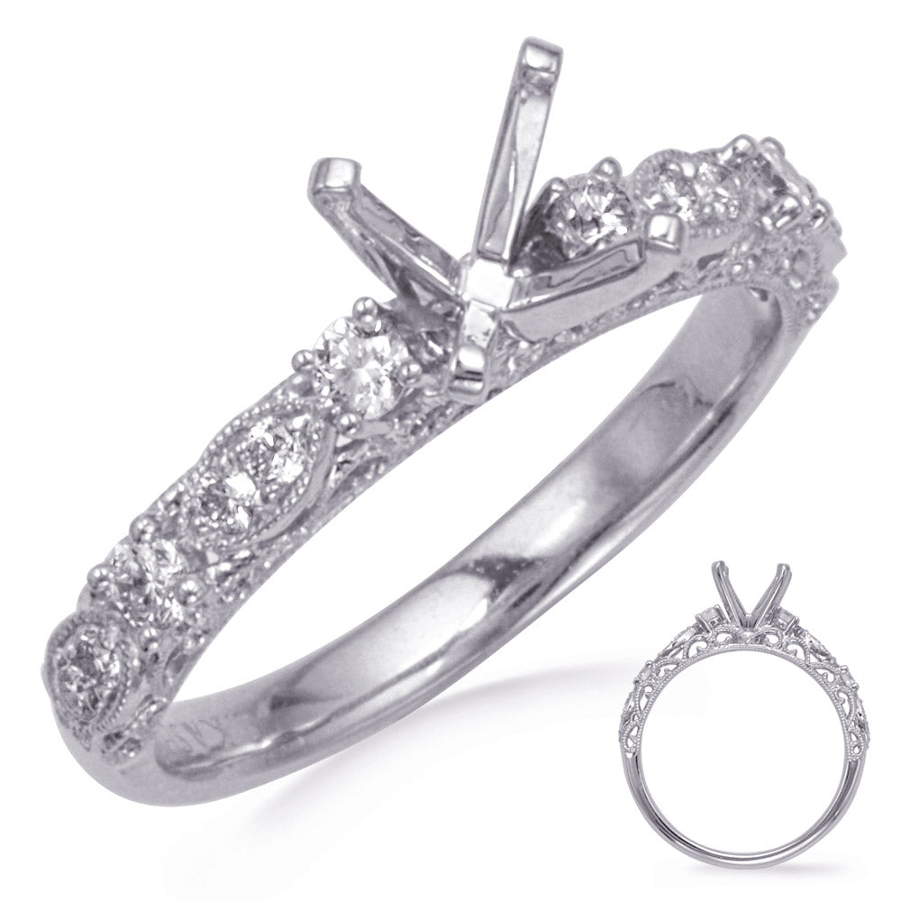 This Engagement Ring  is available in 14K White Gold. There are a total of 12 stones. There are Rounds with a total carat weight of 0.3 set in a Micro Prong setting.