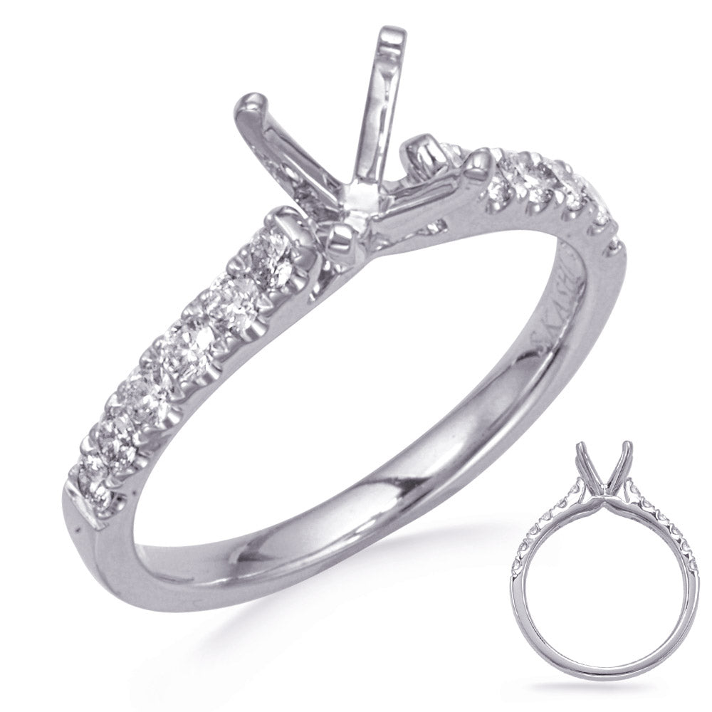 This Engagement Ring  is available in 14K White Gold. There are a total of 12 stones. There are Rounds with a total carat weight of 0.39 set in a Micro Prong setting.