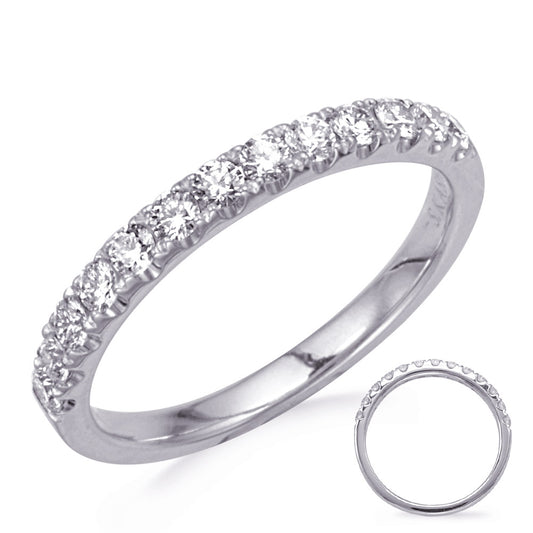 This Band is available in 14K White Gold. There are a total of 13 stones. There are Round with a total carat weight of 0.43 set in a Micro Prong setting.