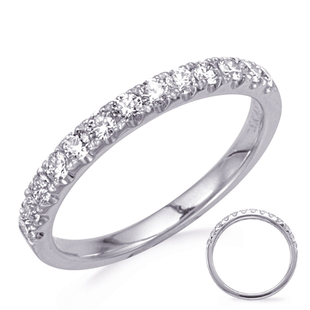 This Band is available in 14K White Gold. There are a total of 13 stones. There are Round with a total carat weight of 0.43 set in a Micro Prong setting.