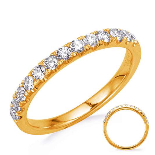 This Band is available in 14K Yellow Gold. There are a total of 13 stones. There are Round with a total carat weight of 0.43 set in a Micro Prong setting.