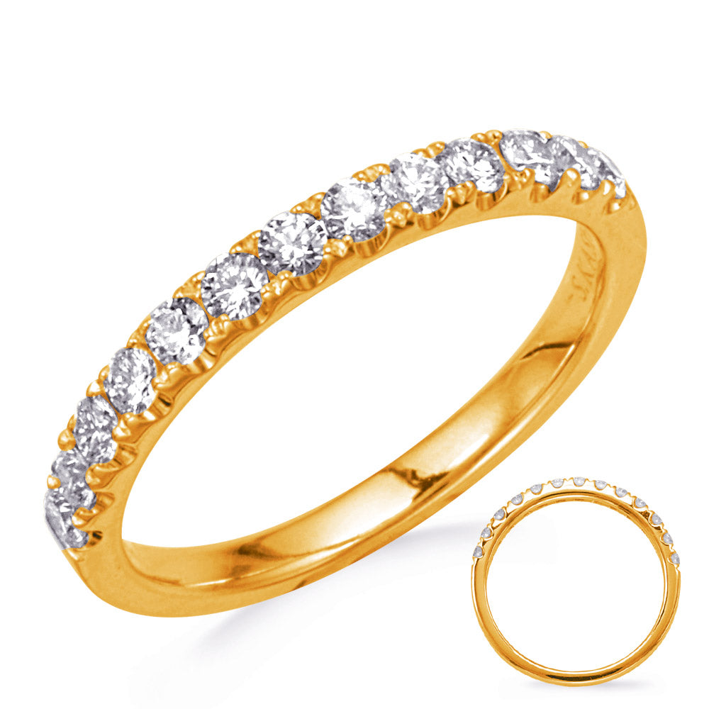 This Band is available in 14K Yellow Gold. There are a total of 13 stones. There are Round with a total carat weight of 0.43 set in a Micro Prong setting.