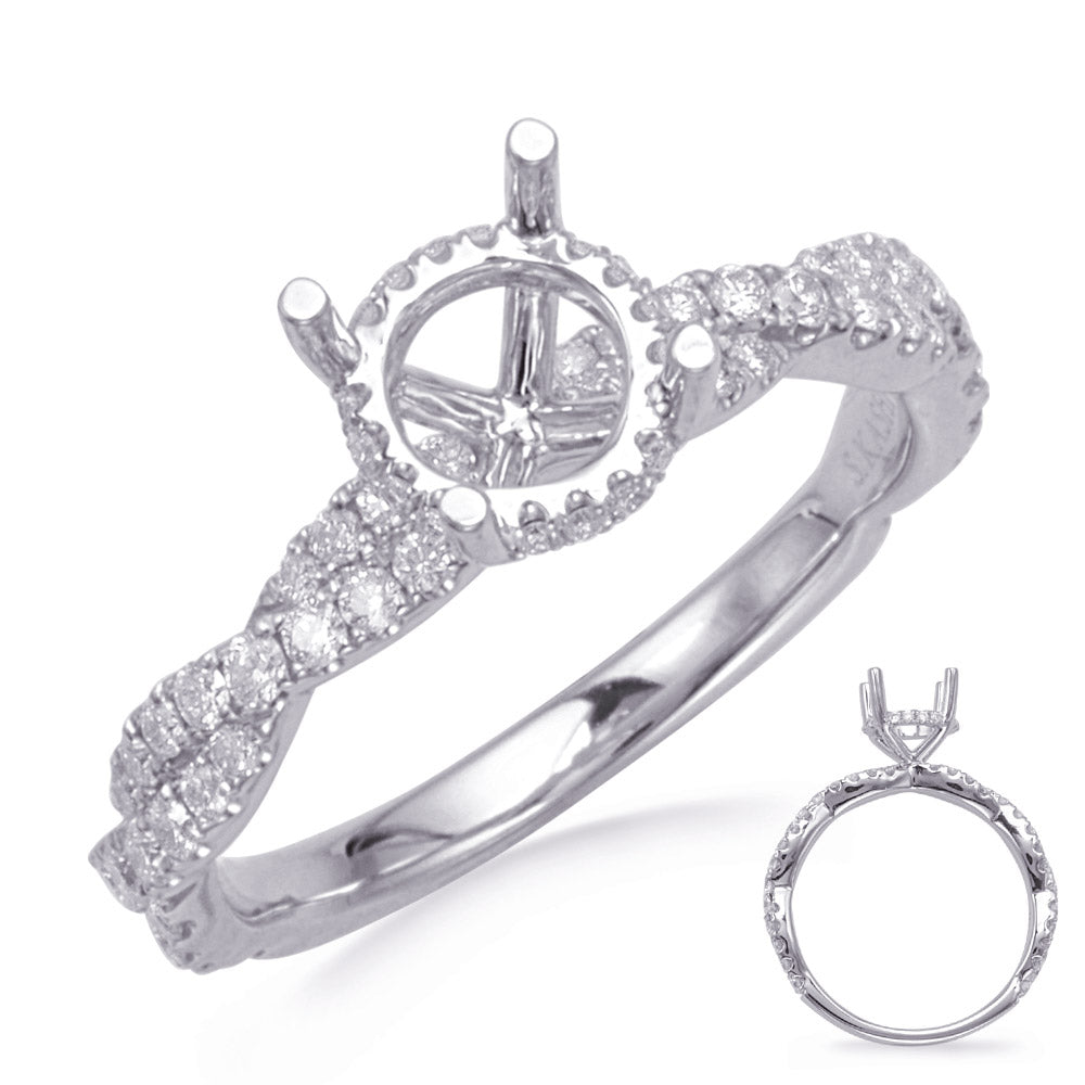This Engagement Ring  is available in 14K White Gold. There are a total of 70 stones. There are Rounds with a total carat weight of 0.58 set in a Micro Prong setting.