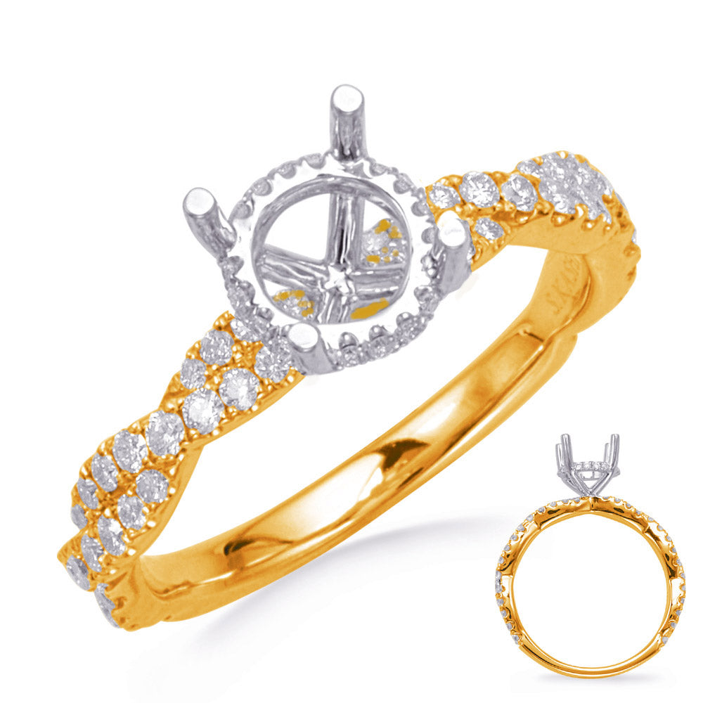 This Engagement Ring  is available in 14K Yellow & White Gold. There are a total of 70 stones. There are Rounds with a total carat weight of 0.58 set in a Micro Prong setting.