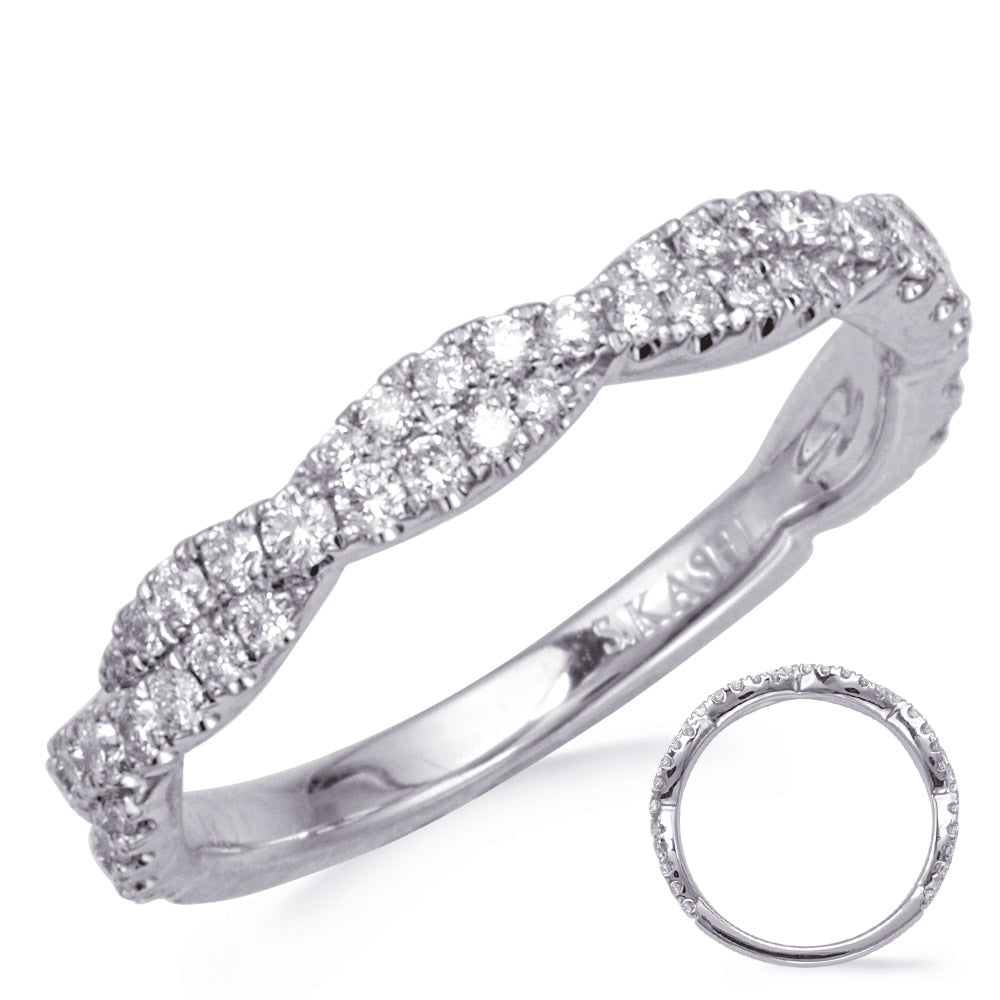 This Band is available in 14K White Gold. There are a total of 55 stones. There are Round with a total carat weight of 0.5 set in a Micro Prong setting.